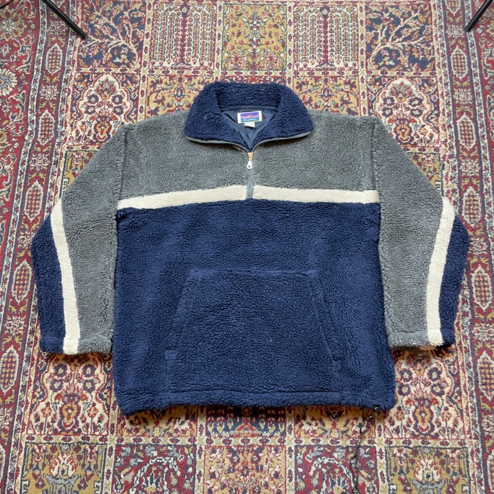 VTG 90s NorthCrest Deep Pile Fleece‎ 1/4 Zip Sweatshirt Gray Navy Striped M-L